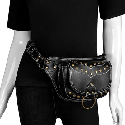 Sac banane cuir noir femme à rivets