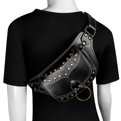 Sac banane cuir noir femme à rivets