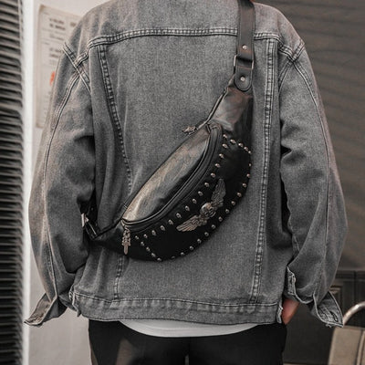 Sac banane biker tête de mort cuir noir femme