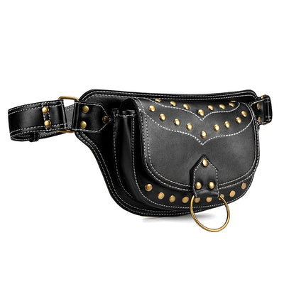 Sac banane cuir noir femme à rivets
